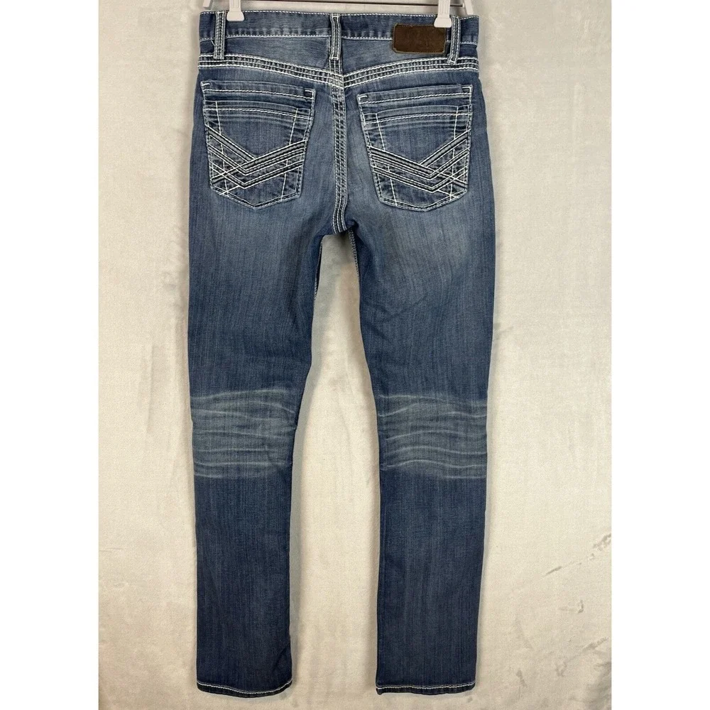 BKE Buckle Jake Jean Men 30L Blue Wash Straight Stretch Whisker Rodeo Cowboy